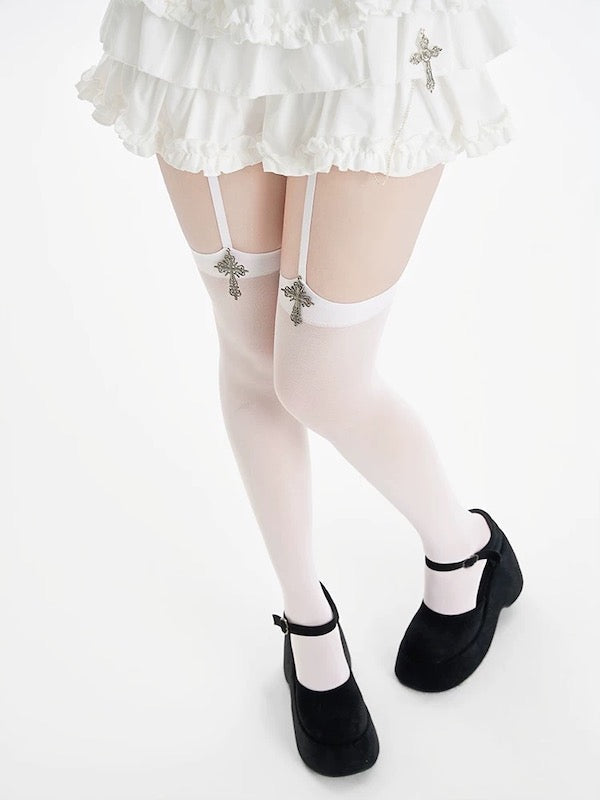 Gothic cross pendent garter tights