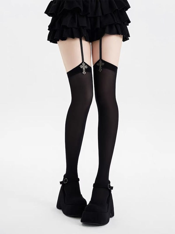 Gothic cross pendent garter tights