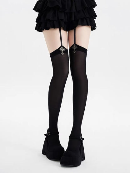 Gothic cross pendent garter tights