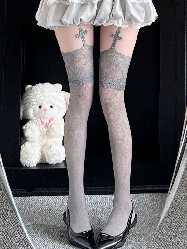 Gothic lace cross garter tights