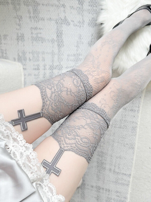 Gothic lace cross garter tights