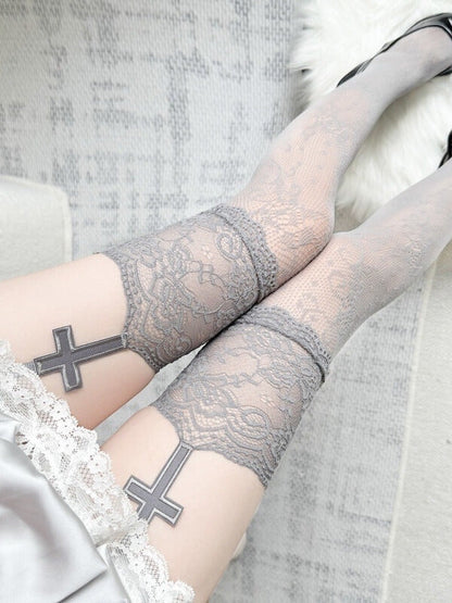 Gothic lace cross garter tights