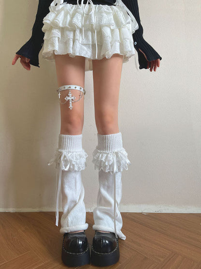 Gothic Lace Triple-Ruffle Knit Leg Warmers