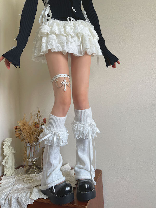 Gothic Lace Triple-Ruffle Knit Leg Warmers