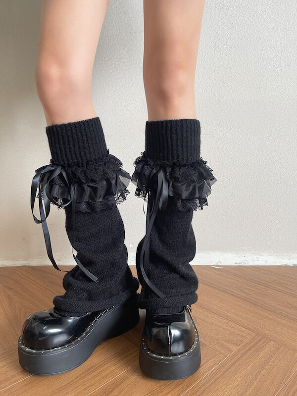 Gothic Lace Triple-Ruffle Knit Leg Warmers