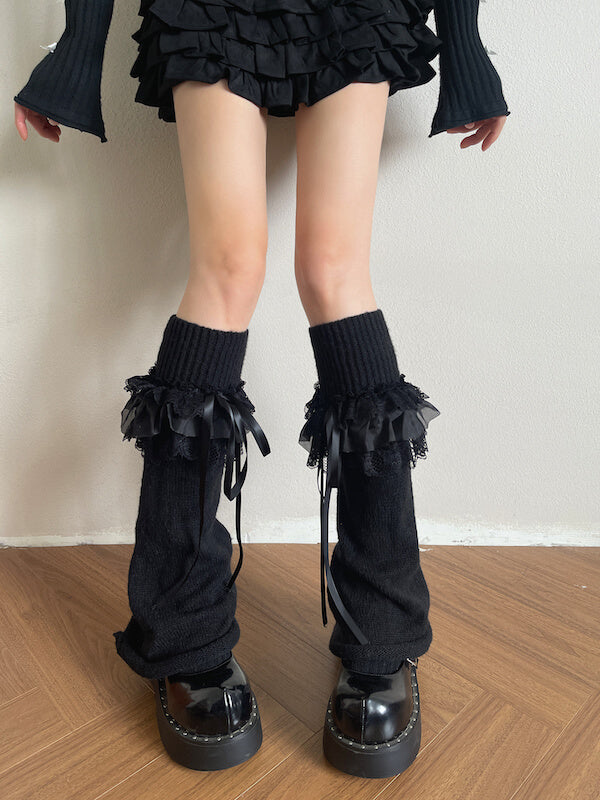 Gothic Lace Triple-Ruffle Knit Leg Warmers