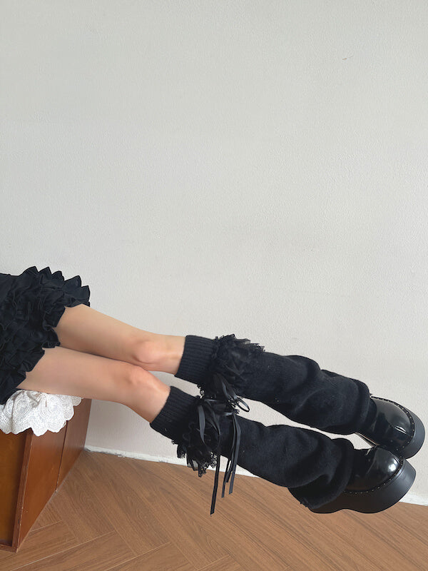 Gothic Lace Triple-Ruffle Knit Leg Warmers