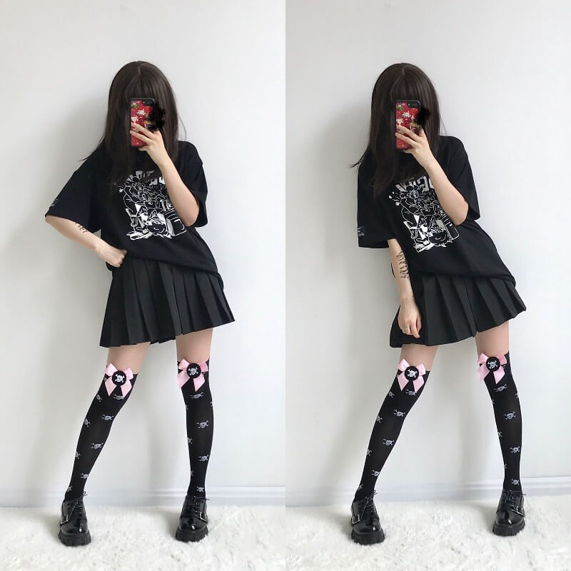 Harajuku pink bow skull stockings