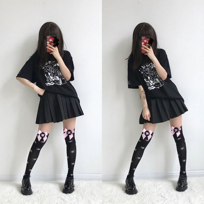 Harajuku pink bow skull stockings