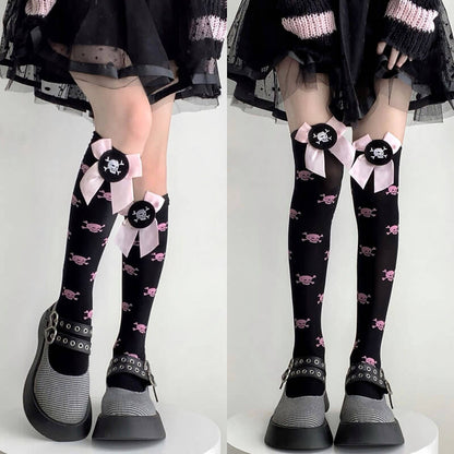 Harajuku pink bow skull stockings