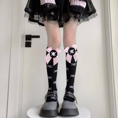 Harajuku pink bow skull stockings