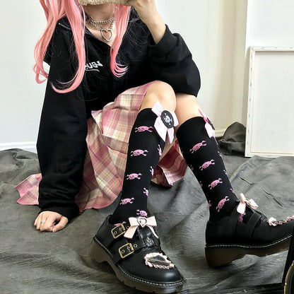 Harajuku pink bow skull stockings