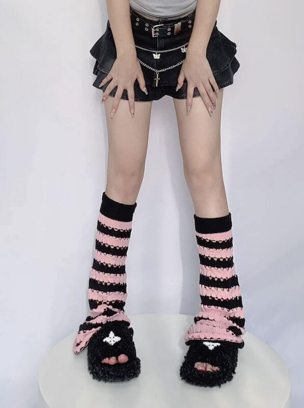 Hollow-out black pink y2k leg warmers