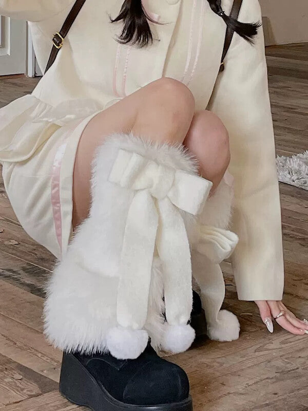 Large bow pompon fur leg warmers
