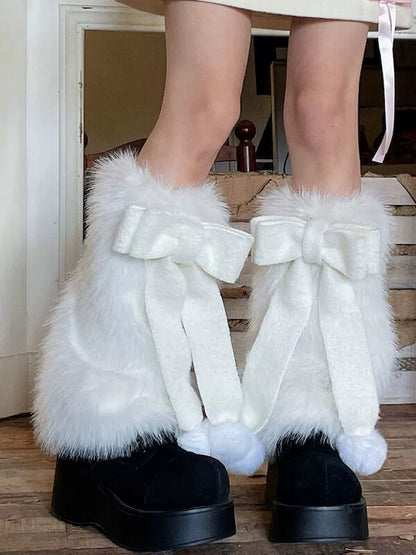 Large bow pompon fur leg warmers