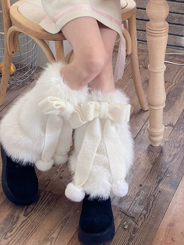 Large bow pompon fur leg warmers