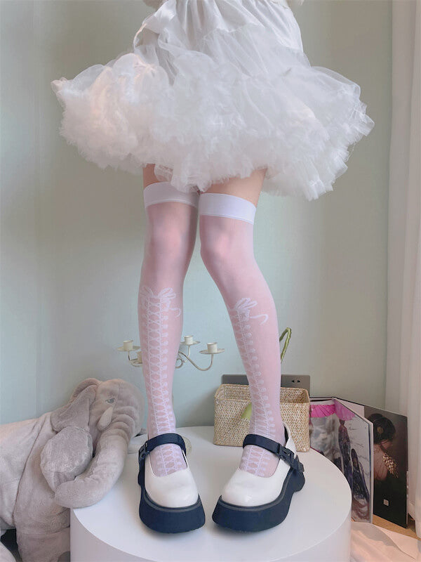 Lolita bow ribbon lace up stockings