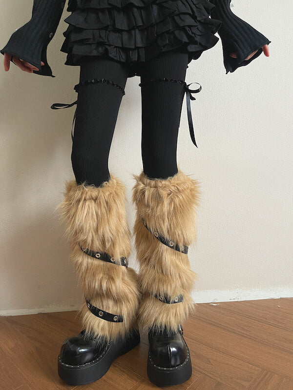 Maillard Gothic Brown Furry PU Leg Warmers