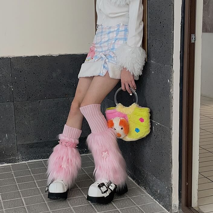 Pink furry y2k garter stars leg warmers