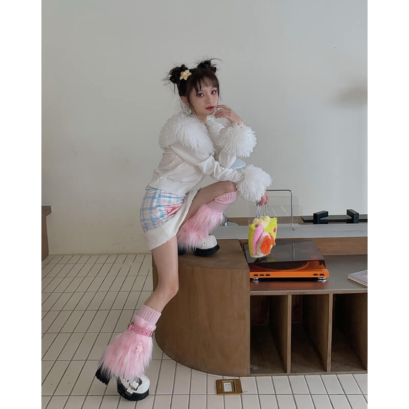 Pink furry y2k garter stars leg warmers