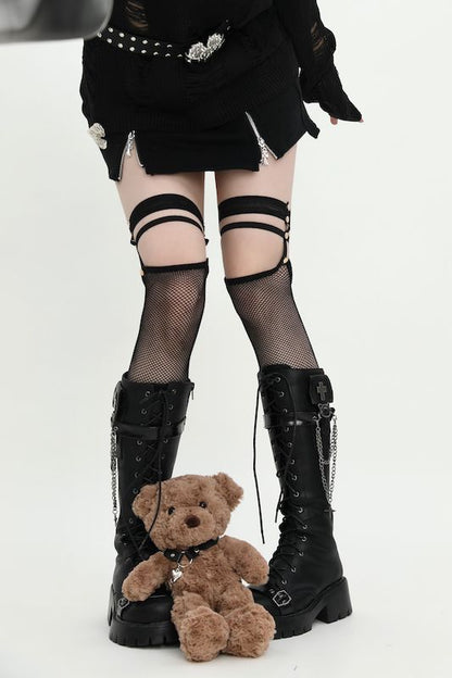 Punk rivet garter fishnet stockings