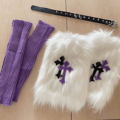 Purple cross furry y2k garter leg warmers