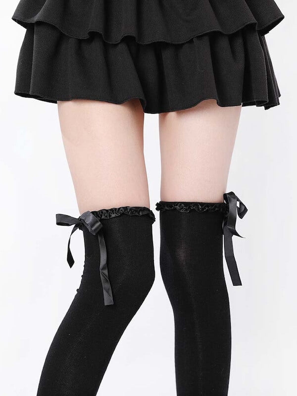 Ruffled bow over knee stockings