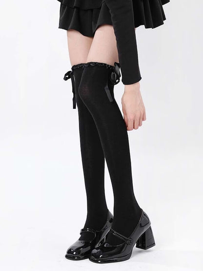 Ruffled bow over knee stockings