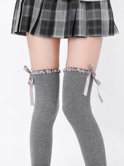 Ruffled bow over knee stockings
