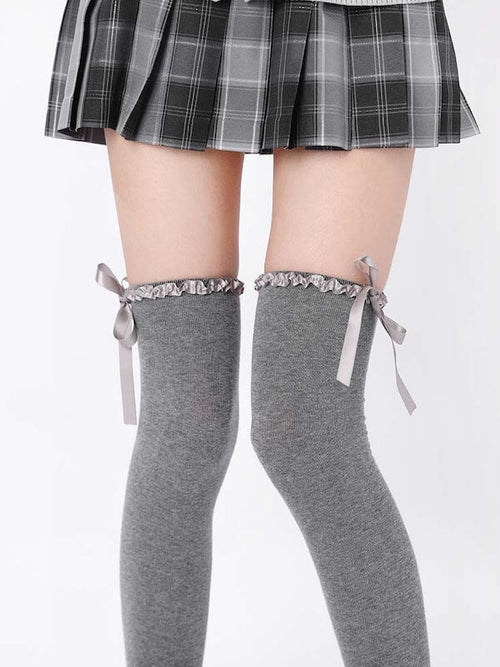 Ruffled bow over knee stockings