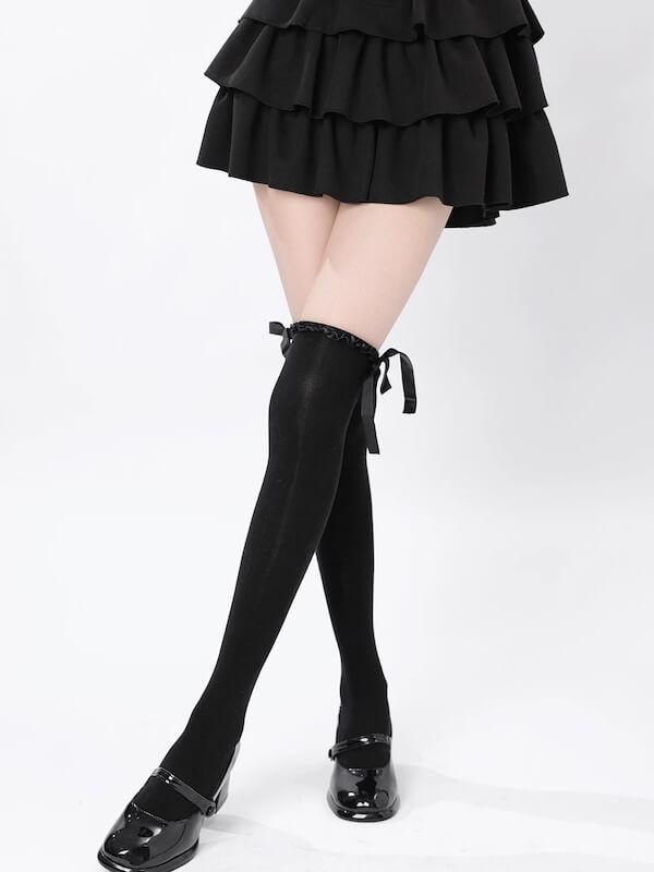 Ruffled bow over knee stockings