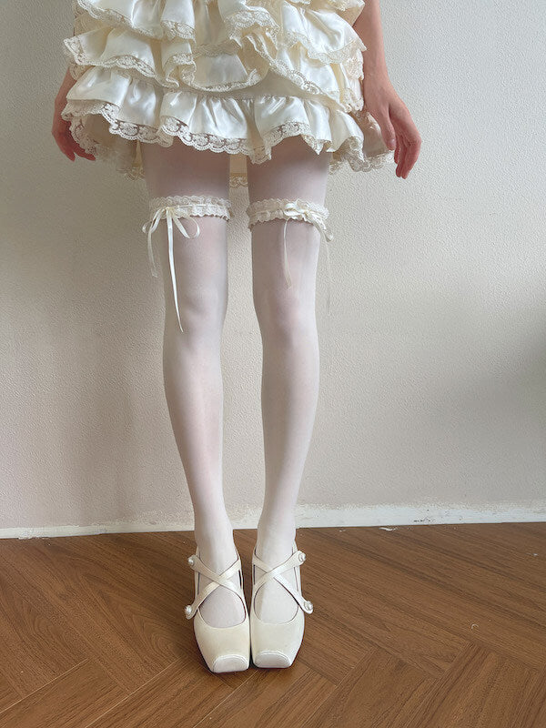 Soft cream lace ribbon garter velvet tights