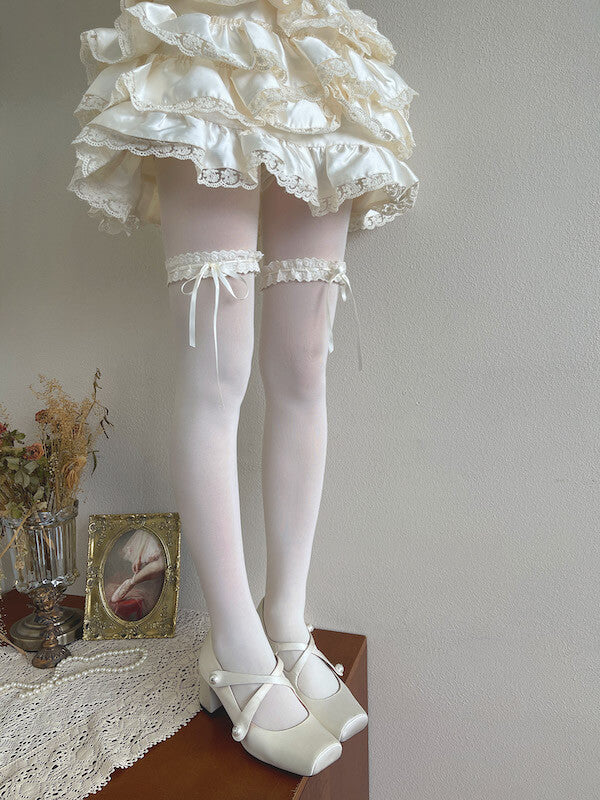 Soft cream lace ribbon garter velvet tights