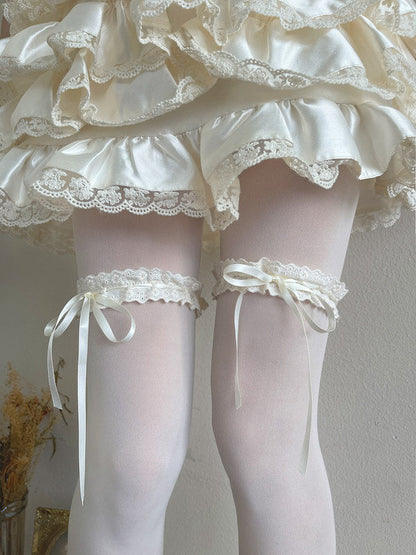 Soft cream lace ribbon garter velvet tights