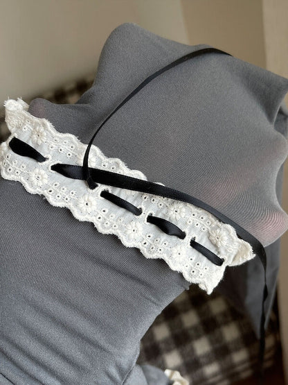 Soft cream lace ribbon garter velvet tights