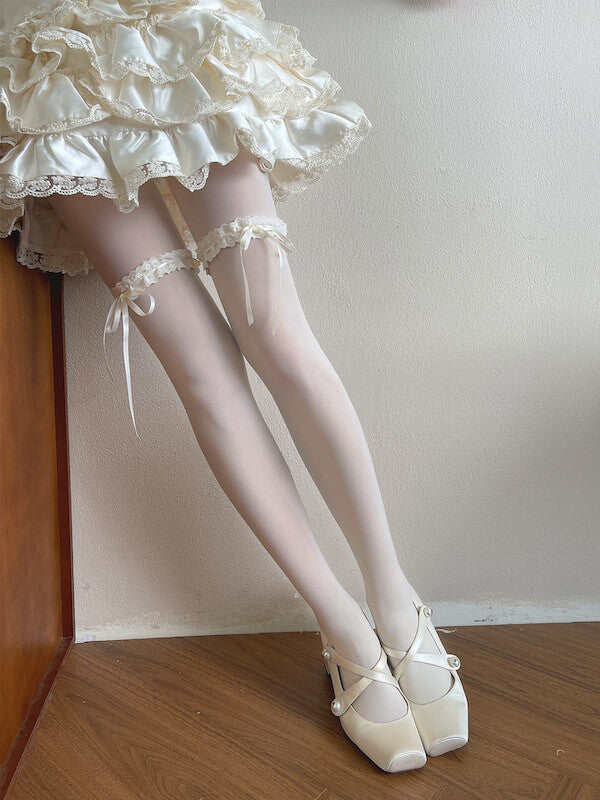 Soft cream lace ribbon garter velvet tights
