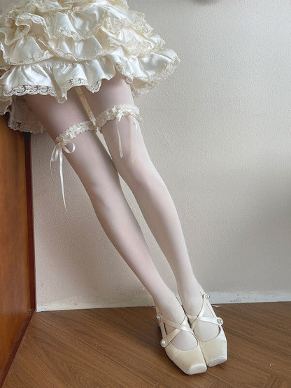 Soft cream lace ribbon garter velvet tights