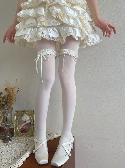 Soft cream lace ribbon garter velvet tights