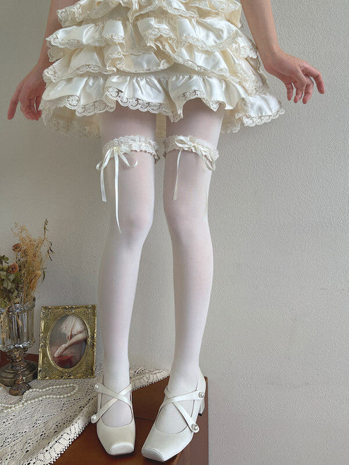 Soft cream lace ribbon garter velvet tights