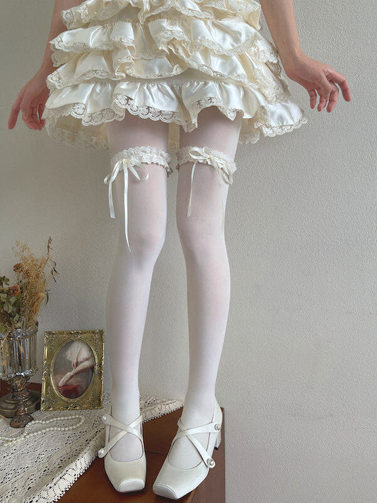 Soft cream lace ribbon garter velvet tights