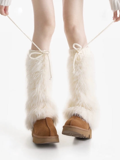 Soft furry lace-up leg warmers