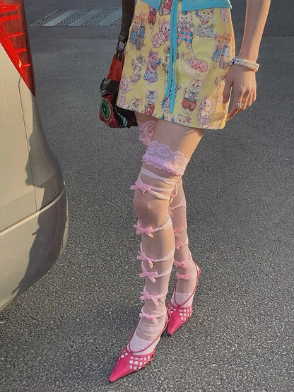 Sweet lolita bow hollow-out stockings