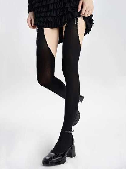 Thigh-high ripped tights with faux suspenders