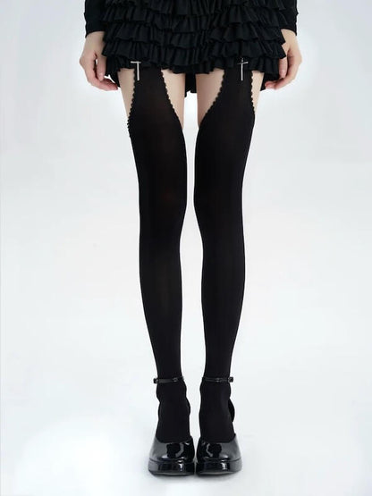 Thigh-high ripped tights with faux suspenders