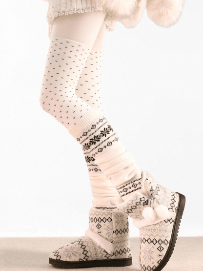White Snowflake Polka-Dot Thigh High Socks