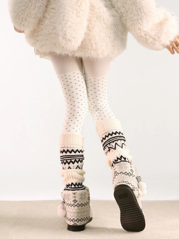 White Snowflake Polka-Dot Thigh High Socks