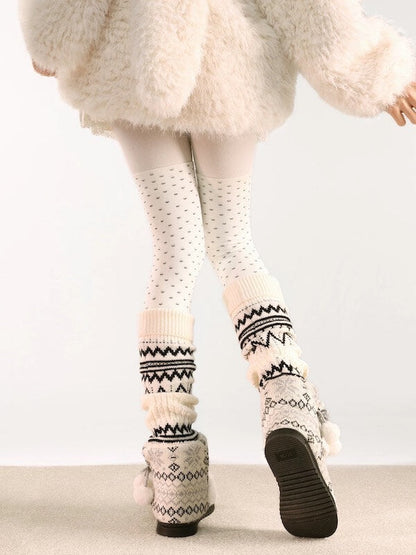 White Snowflake Polka-Dot Thigh High Socks