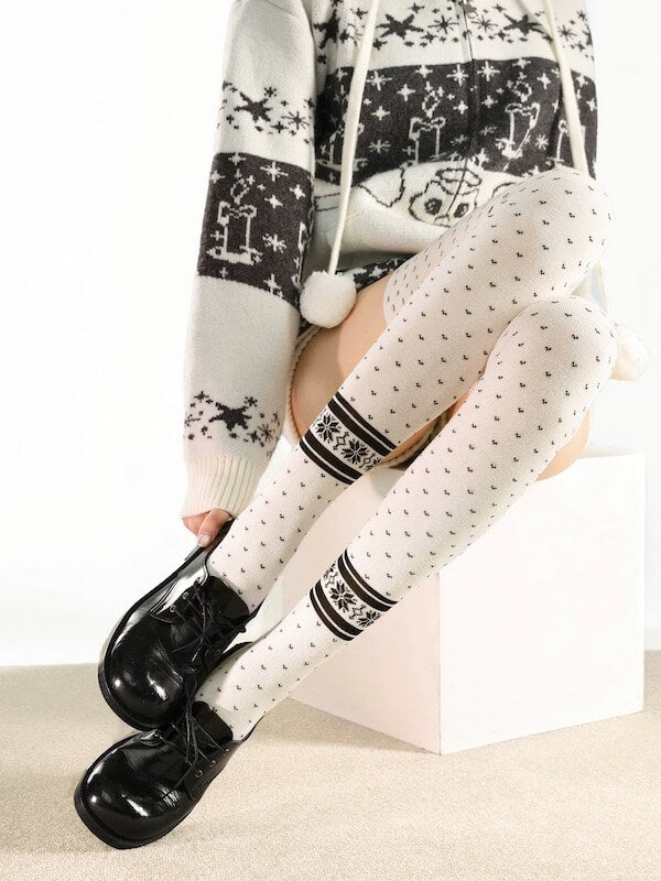 White Snowflake Polka-Dot Thigh High Socks