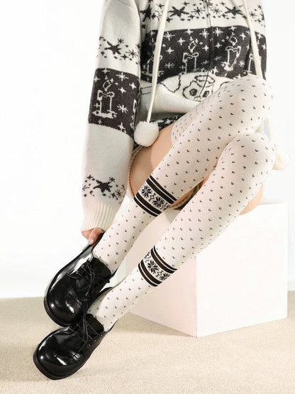 White Snowflake Polka-Dot Thigh High Socks