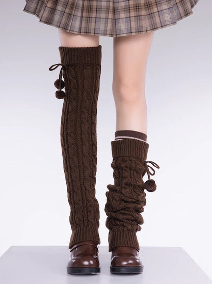 Pompon twisted over knee leg warmers